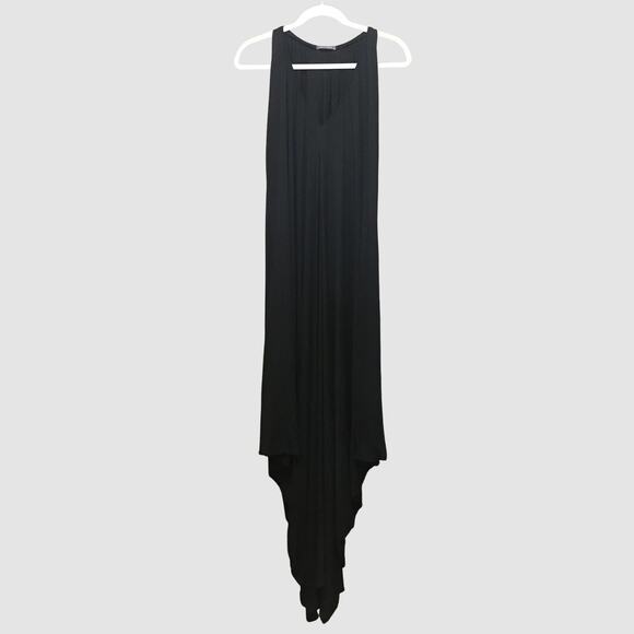 riller & fount sleeveless black vneck soft jersey asymmetrical caftan maxi dress - Picture 1 of 11